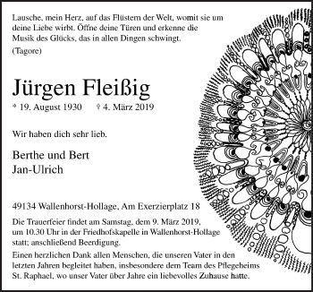 Traueranzeige von Jürgen Fleißig von Neue Osnabrücker Zeitung GmbH & Co. KG