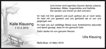 Traueranzeige von Kalle Klausing von Neue Osnabrücker Zeitung GmbH & Co. KG