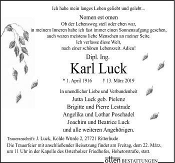 Traueranzeige von Karl Luck von Neue Osnabrücker Zeitung GmbH & Co. KG