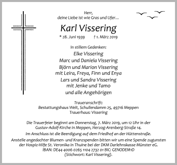 Traueranzeige von Karl Vissering von Neue Osnabrücker Zeitung GmbH & Co. KG