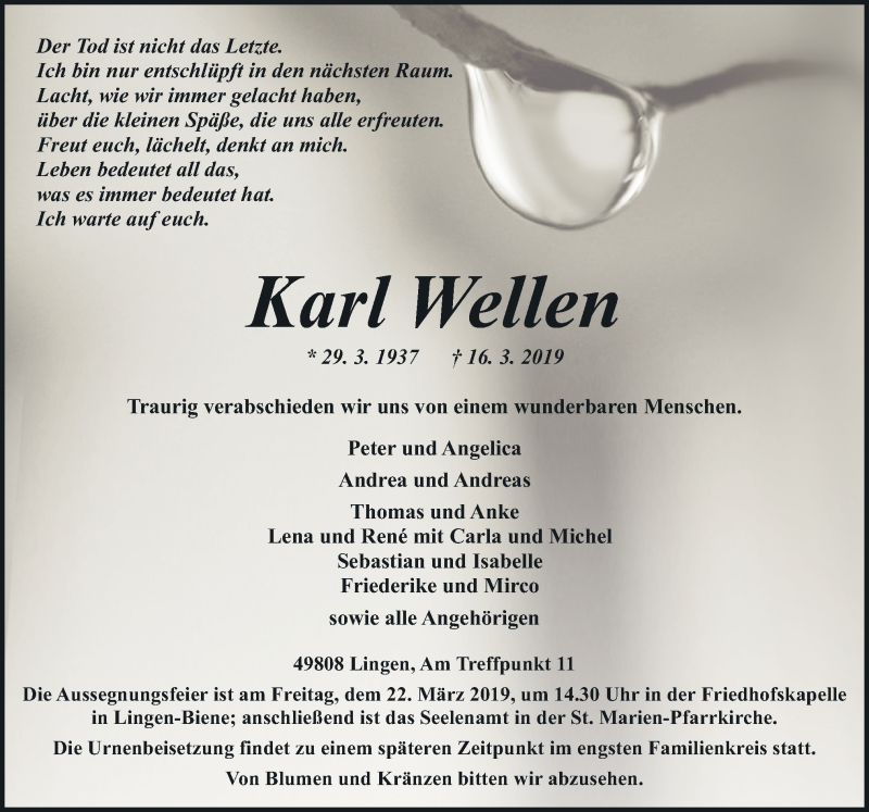  Traueranzeige für Karl Wellen vom 19.03.2019 aus Neue Osnabrücker Zeitung GmbH & Co. KG