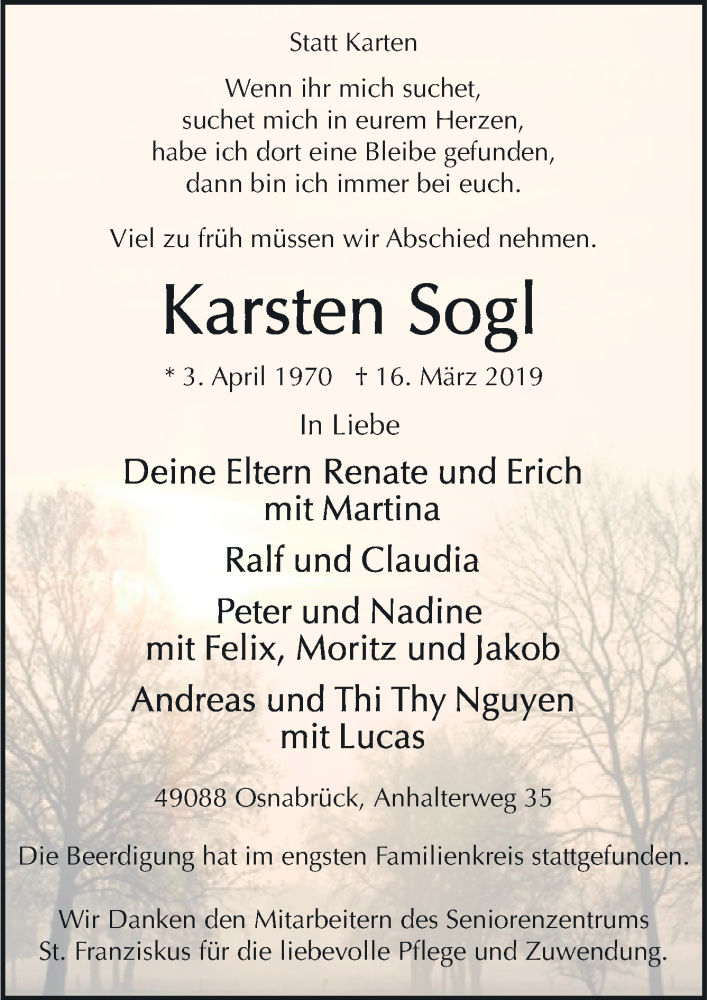  Traueranzeige für Karsten Sogl vom 23.03.2019 aus Neue Osnabrücker Zeitung GmbH & Co. KG