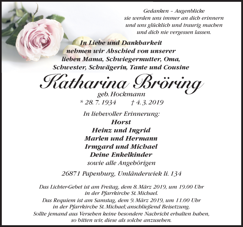  Traueranzeige für Katharina Bröring vom 06.03.2019 aus Neue Osnabrücker Zeitung GmbH & Co. KG