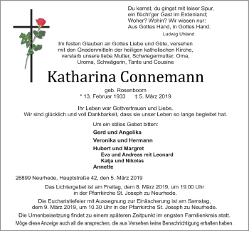 Traueranzeige von Katharina Connemann von Neue Osnabrücker Zeitung GmbH & Co. KG