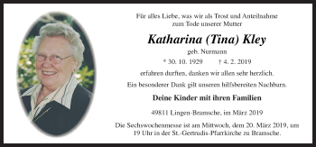 Traueranzeige von Katharina Kley von Neue Osnabrücker Zeitung GmbH & Co. KG