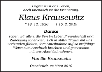 Traueranzeige von Klaus Krausewitz von Neue Osnabrücker Zeitung GmbH & Co. KG