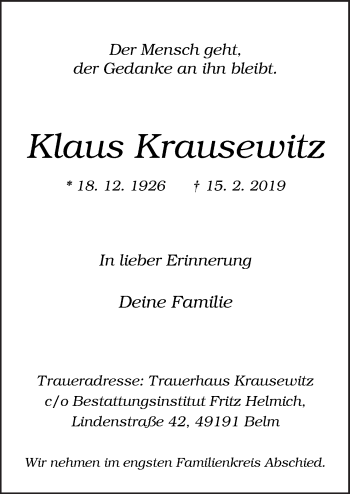 Traueranzeige von Klaus Krausewitz von Neue Osnabrücker Zeitung GmbH & Co. KG