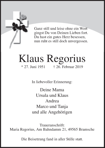 Traueranzeige von Klaus Regorius von Neue Osnabrücker Zeitung GmbH & Co. KG