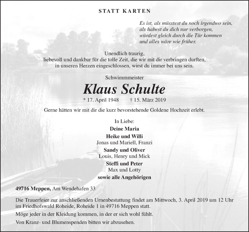  Traueranzeige für Klaus Schulte vom 23.03.2019 aus Neue Osnabrücker Zeitung GmbH & Co. KG