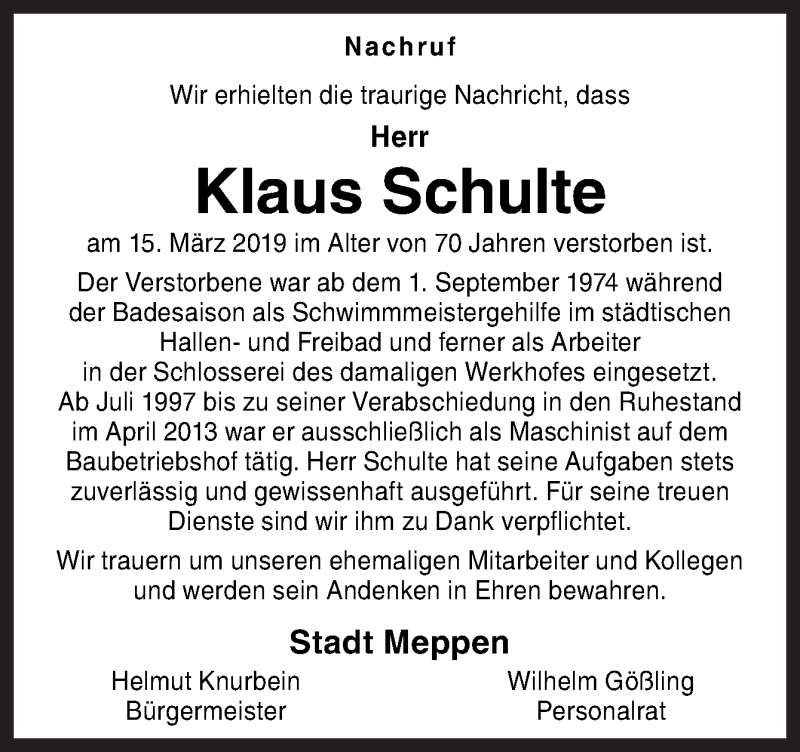  Traueranzeige für Klaus Schulte vom 27.03.2019 aus Neue Osnabrücker Zeitung GmbH & Co. KG