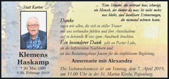 Traueranzeige von Klemens Haskamp von Neue Osnabrücker Zeitung GmbH & Co. KG