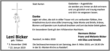 Traueranzeige von Leni Bicker von Neue Osnabrücker Zeitung GmbH & Co. KG