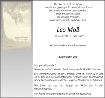 Traueranzeige von Leo Moß von Neue Osnabrücker Zeitung GmbH & Co. KG