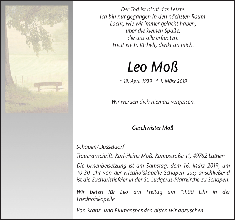  Traueranzeige für Leo Moß vom 12.03.2019 aus Neue Osnabrücker Zeitung GmbH & Co. KG