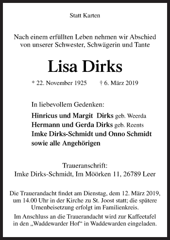 Traueranzeige von Lisa Dirks von Neue Osnabrücker Zeitung GmbH & Co. KG