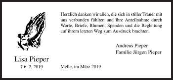 Traueranzeige von Lisa Pieper von Neue Osnabrücker Zeitung GmbH & Co. KG