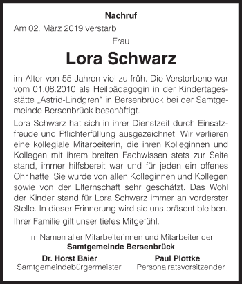Traueranzeige von Lora Schwarz von Neue Osnabrücker Zeitung GmbH & Co. KG