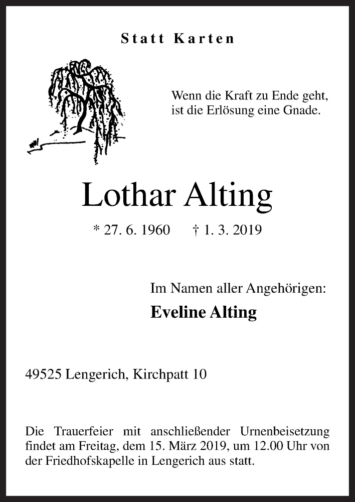  Traueranzeige für Lothar Alting vom 12.03.2019 aus Neue Osnabrücker Zeitung GmbH & Co. KG