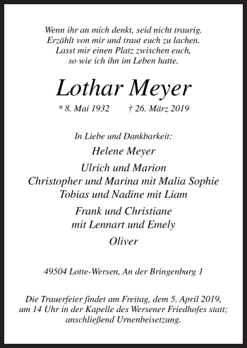 Traueranzeige von Lothar Meyer von Neue Osnabrücker Zeitung GmbH & Co. KG