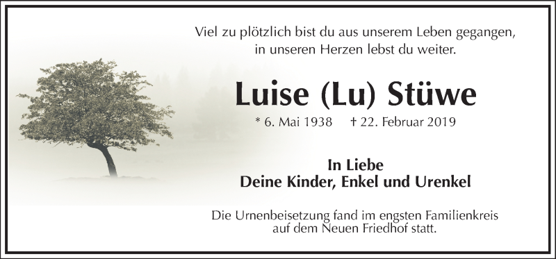  Traueranzeige für Luise Stüwe vom 09.03.2019 aus Neue Osnabrücker Zeitung GmbH & Co. KG
