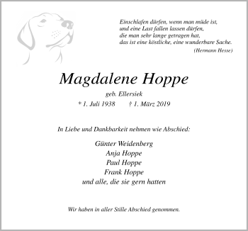 Traueranzeige von Magdalene Hoppe von Neue Osnabrücker Zeitung GmbH & Co. KG