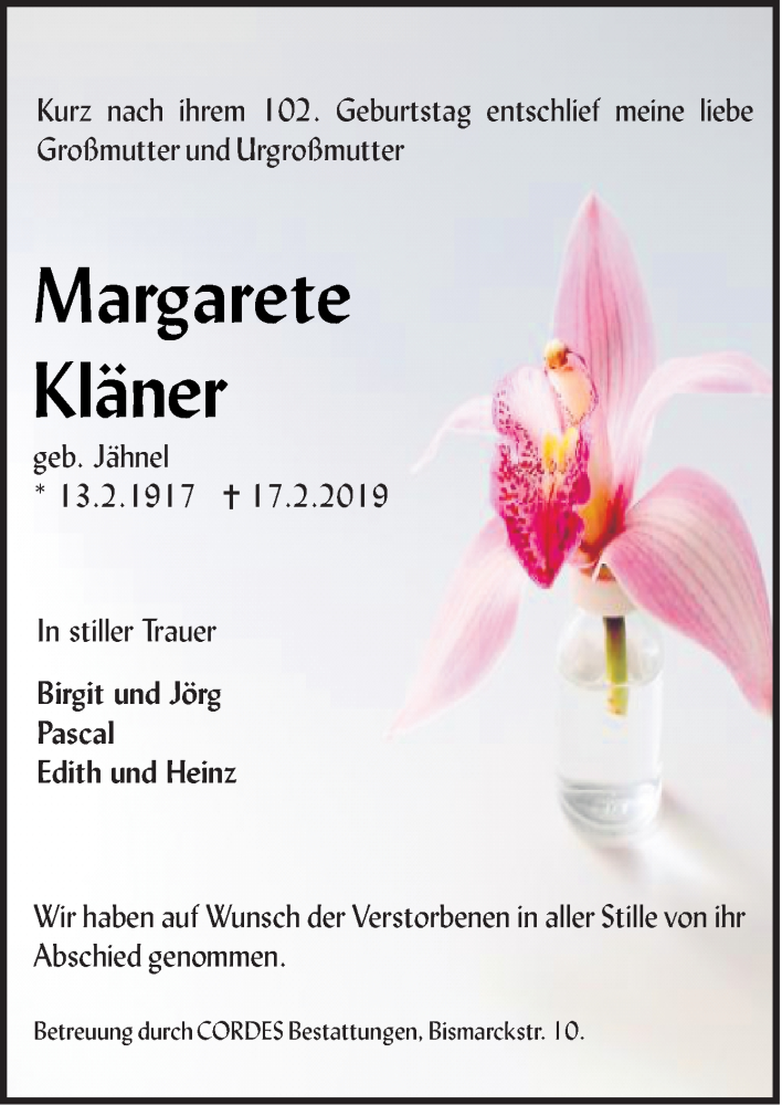  Traueranzeige für Margarete Kläner vom 16.03.2019 aus Neue Osnabrücker Zeitung GmbH & Co. KG