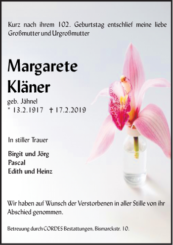 Traueranzeige von Margarete Kläner von Neue Osnabrücker Zeitung GmbH & Co. KG