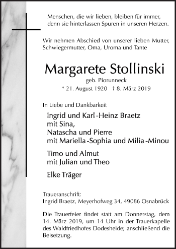 Traueranzeige von Margarete Stollinski von Neue Osnabrücker Zeitung GmbH & Co. KG
