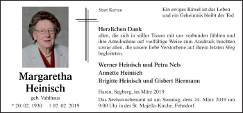 Traueranzeige von Margaretha Heinisch von Neue Osnabrücker Zeitung GmbH & Co. KG