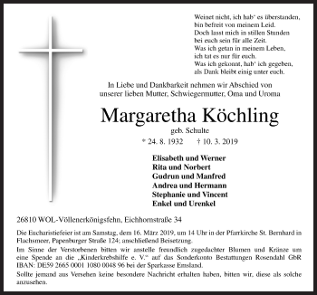 Traueranzeige von Margaretha Köchling von Neue Osnabrücker Zeitung GmbH & Co. KG