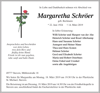 Traueranzeige von Margaretha Schröer von Neue Osnabrücker Zeitung GmbH & Co. KG