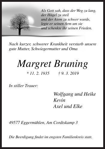 Traueranzeige von Margret Bruning von Neue Osnabrücker Zeitung GmbH & Co. KG