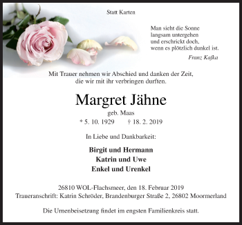 Traueranzeige von Margret Jähne von Neue Osnabrücker Zeitung GmbH & Co. KG
