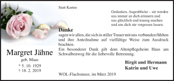 Traueranzeige von Margret Jähne von Neue Osnabrücker Zeitung GmbH & Co. KG