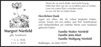 Traueranzeige von Margret Nietfeld von Neue Osnabrücker Zeitung GmbH & Co. KG