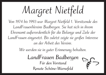 Traueranzeige von Margret Nietfeld von Neue Osnabrücker Zeitung GmbH & Co. KG