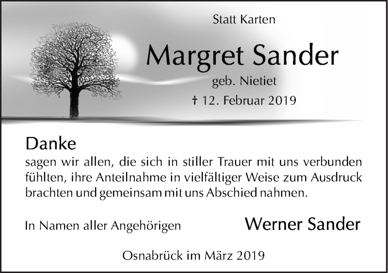  Traueranzeige für Margret Sander vom 09.03.2019 aus Neue Osnabrücker Zeitung GmbH & Co. KG