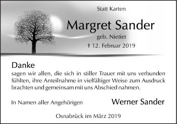 Traueranzeige von Margret Sander von Neue Osnabrücker Zeitung GmbH & Co. KG