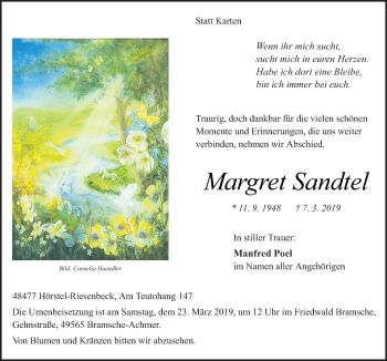 Traueranzeige von Margret Sandtel von Neue Osnabrücker Zeitung GmbH & Co. KG