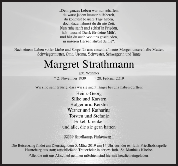 Traueranzeige von Margret Strathmann von Neue Osnabrücker Zeitung GmbH & Co. KG