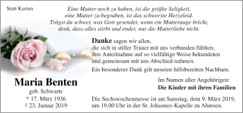 Traueranzeige von Maria Benten von Neue Osnabrücker Zeitung GmbH & Co. KG
