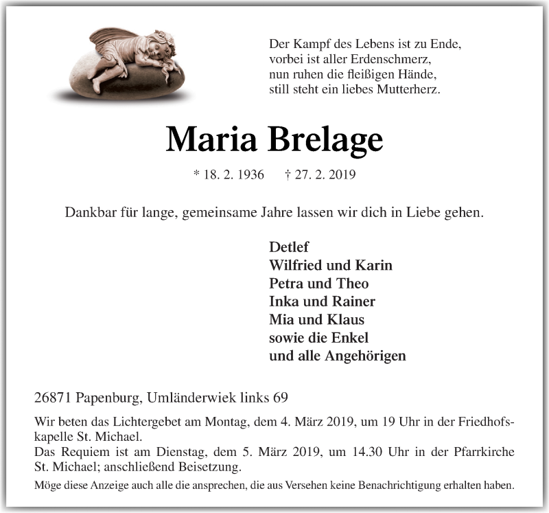  Traueranzeige für Maria Brelage vom 01.03.2019 aus Neue Osnabrücker Zeitung GmbH & Co. KG