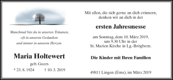 Traueranzeige von Maria Holtewert von Neue Osnabrücker Zeitung GmbH & Co. KG