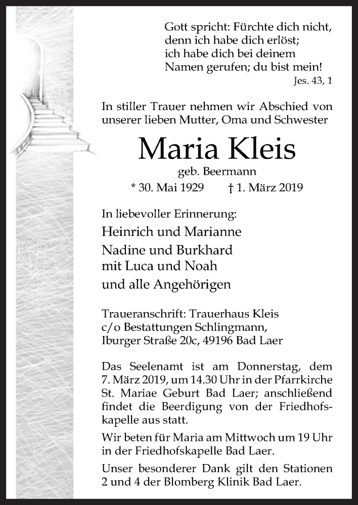  Traueranzeige für Maria Kleis vom 04.03.2019 aus Neue Osnabrücker Zeitung GmbH & Co. KG