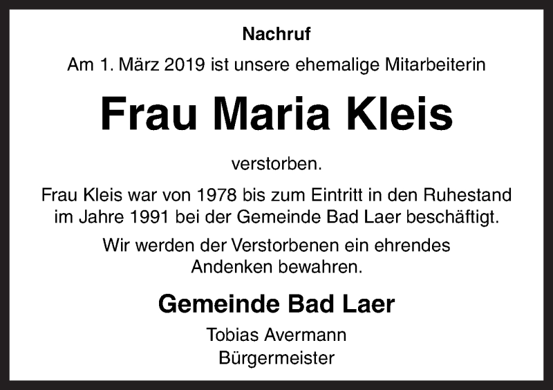  Traueranzeige für Maria Kleis vom 06.03.2019 aus Neue Osnabrücker Zeitung GmbH & Co. KG