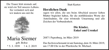 Traueranzeige von Maria Siemer von Neue Osnabrücker Zeitung GmbH & Co. KG