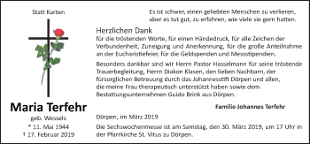 Traueranzeige von Maria Terfehr von Neue Osnabrücker Zeitung GmbH & Co. KG