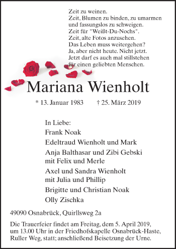 Traueranzeige von Mariana Wienholt von Neue Osnabrücker Zeitung GmbH & Co. KG