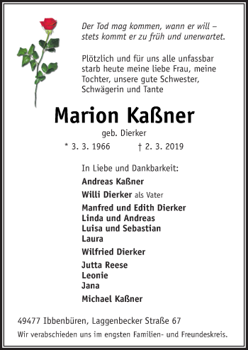 Traueranzeige von Marion Kaßner von Neue Osnabrücker Zeitung GmbH & Co. KG