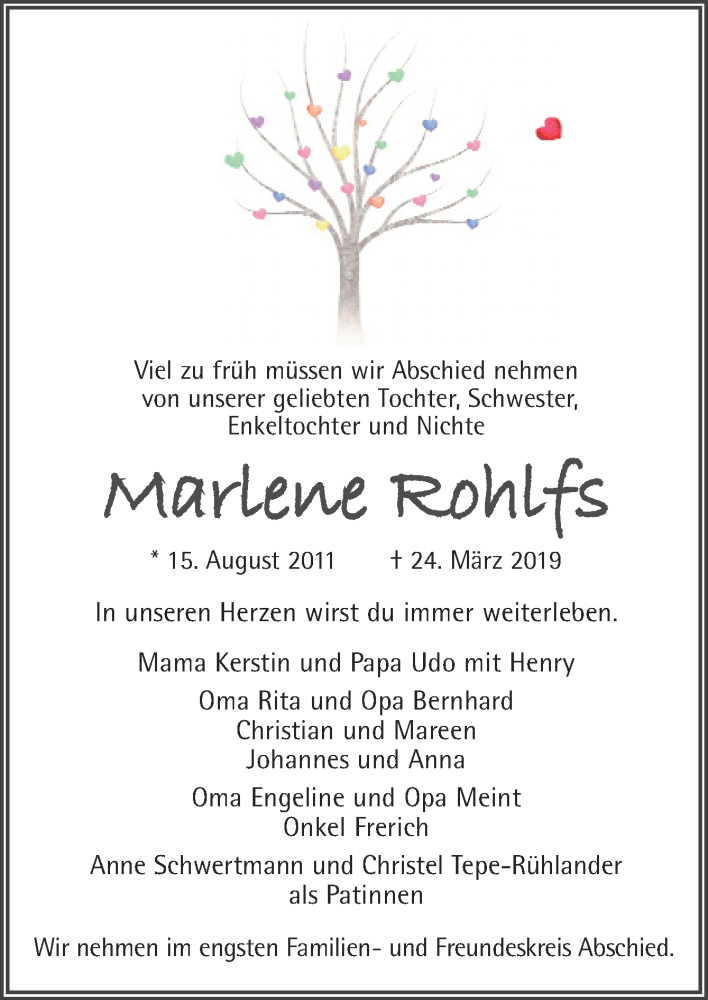  Traueranzeige für Marlene Rohlfs vom 28.03.2019 aus Neue Osnabrücker Zeitung GmbH & Co. KG